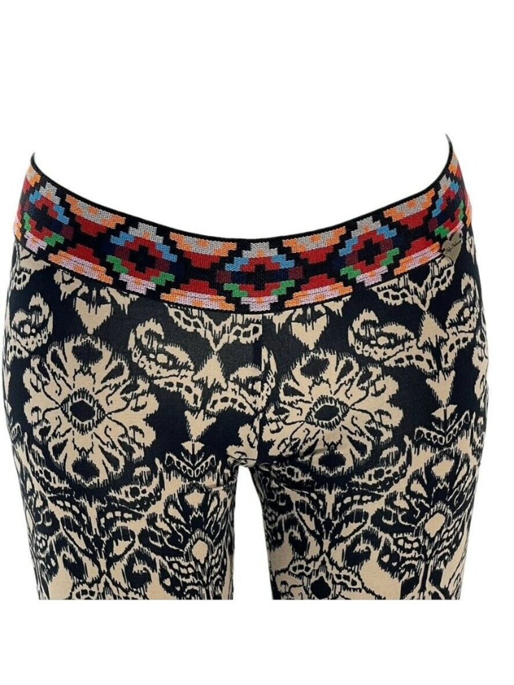 Womens Black & Beige Floral Print Leggings With Multicolor Waistband